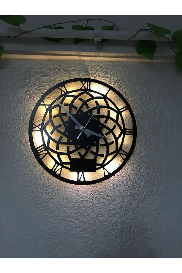 Dekoratif Geometrik Desenli Ledli Ahşap Duvar Saati - 5