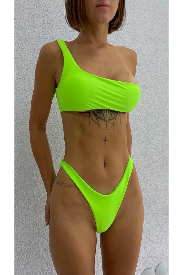 Tek Omuz Retro Neon String Bikini - Yeşil - 6