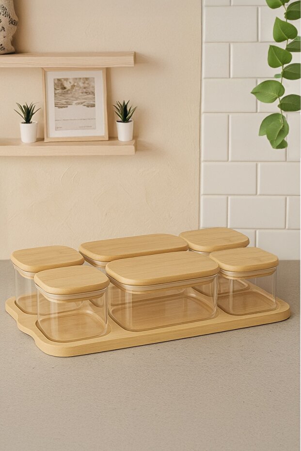 Natural Bamboo Vacuum Covered Glass Breakfast Set - 13 Piece Breakfast Set with Presentation Tray