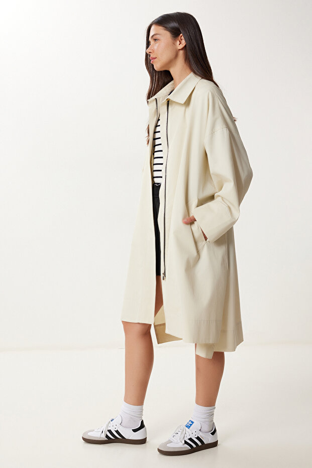 Cremefarbener, übergroßer, gewebter Trenchcoat für Damen mit Reißverschluss FG00052 - 2