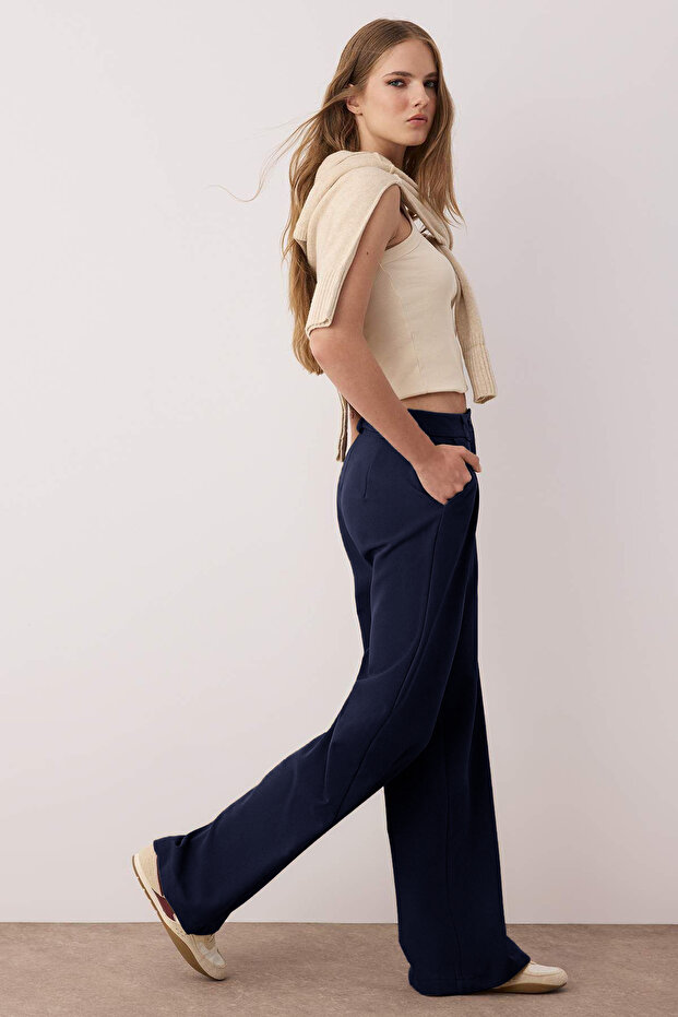 Koyu Lacivert Pilili Wide Leg/Geniş Paça Pantolon TWOAW25PL00109 - 2