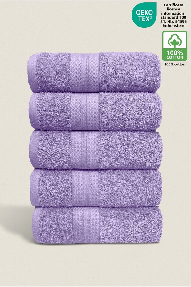 5 Towel Set 100% Cotton Certified, Hand Face Kitchen Towel Set Diamond Border Lilac 50X80Cm
