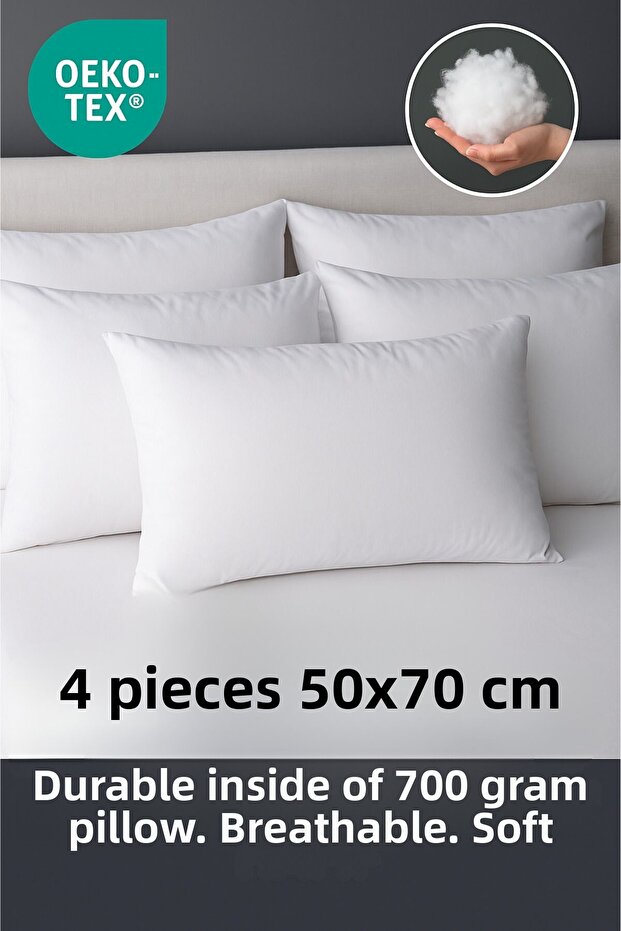50X70 cm 4 Piece Pillow – 100% Silicone Fiber Filling, 700 Grams, Soft, Breathable, Sweatproof
