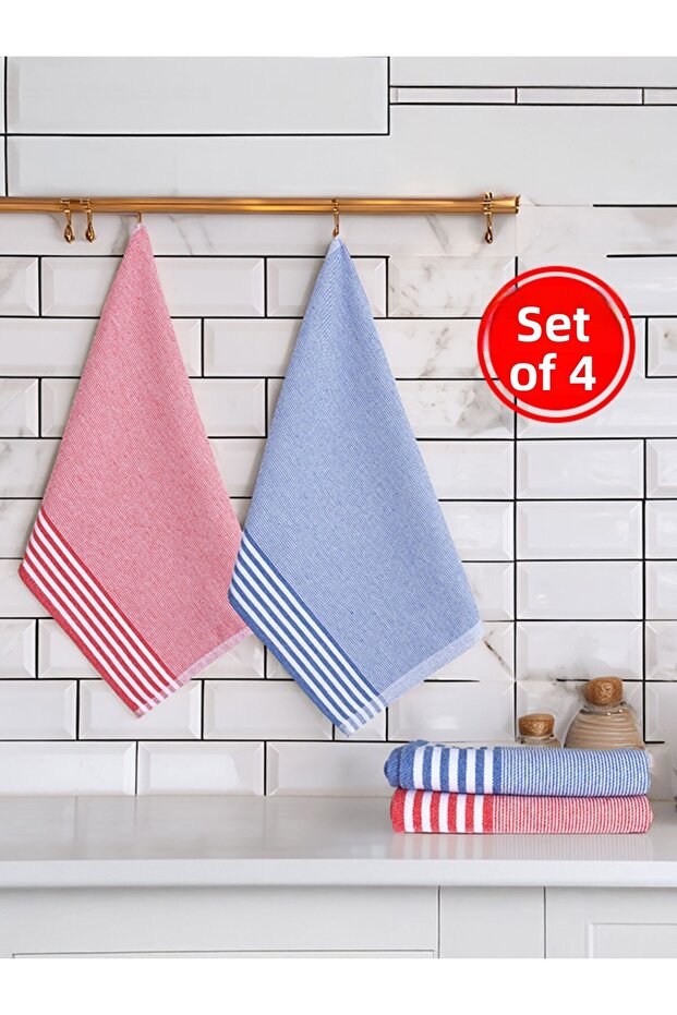 Zena Striped Set of 4 Stain-Resistant Kitchen Drying Cloths, Serving Towels Red - Blue 47X70Cm