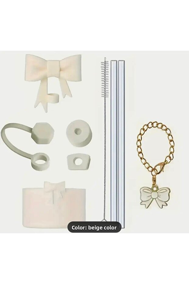 1.18 Liter Thermos Silicone Glitter Base and Bow Straw Head Accessory, Beige