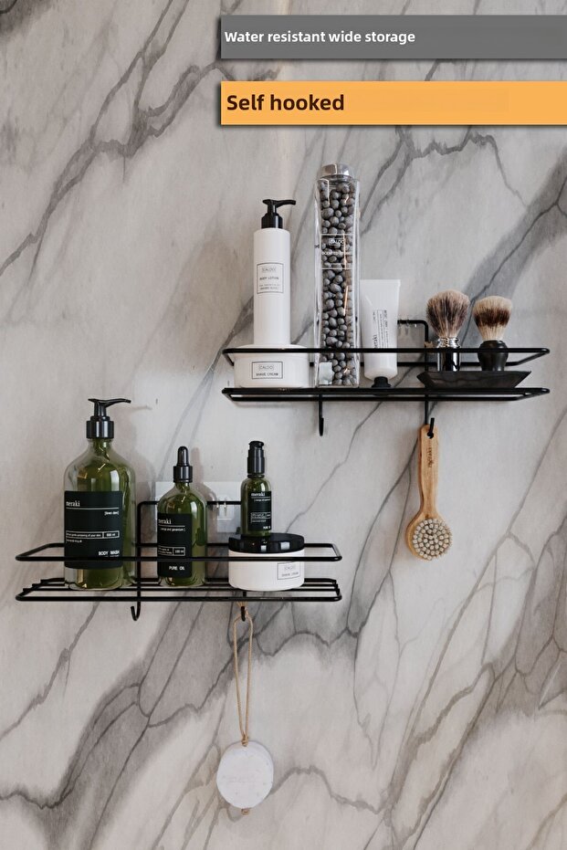 Set of 2 Bathroom Organizer Shampoo Rack Matte Black ADHESIVE 4 HANGers Shower Shelf Stainless Organizer