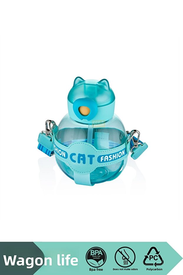 720ml Cute Cat Design Polycarbonate Kids' Water Bottle with Silicone Straw, Special Case and Strap