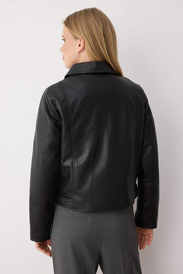 Siyah Fitted Kalıp Suni Deri Biker İnce Ceket Mont TWOAW26MO00083 - 4