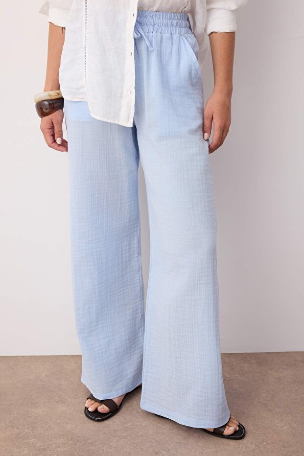 Mavi Müslin Beli Lastikli Yüksek Bel Wide Leg/Geniş Paça Pantolon TWOSS25PL00131 - 3