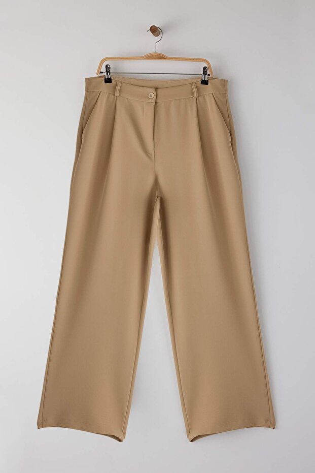 Vizon Wide Leg/Geniş Paça Dokuma Büyük Beden Kumaş Pantolon TBBAW23AR00007 - 5