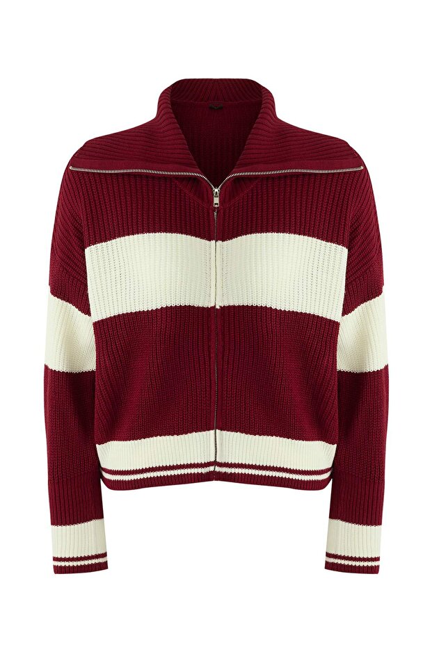 Bordo*001 Geniş Kalıp Çizgili Devrik Yaka Fermuarlı Triko Hırka TWOAW24HI00072 - 5