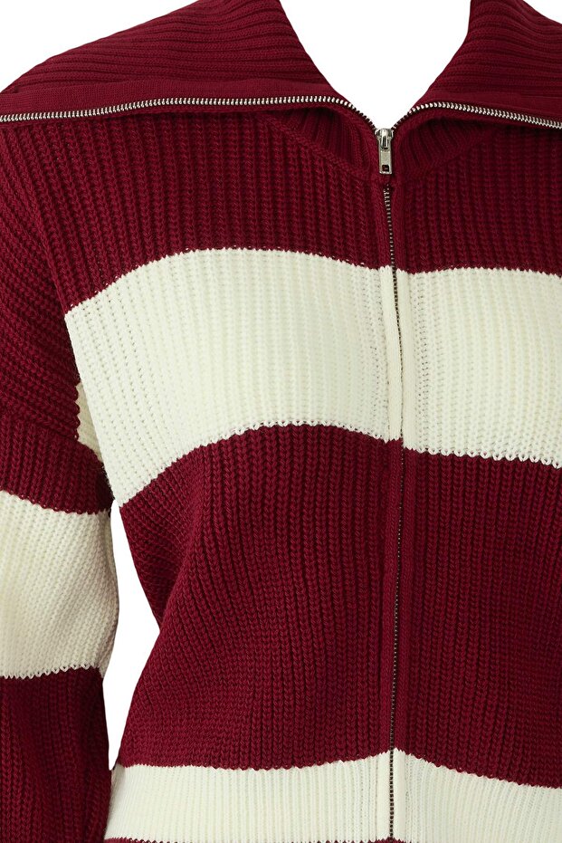 Bordo*001 Geniş Kalıp Çizgili Devrik Yaka Fermuarlı Triko Hırka TWOAW24HI00072 - 6