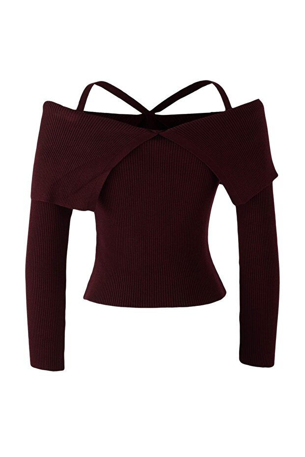 Bordo Premium İplik/Özel İplik Carmen Boyundan Askılı Triko Kazak TWOAW26KZ00076 - 7