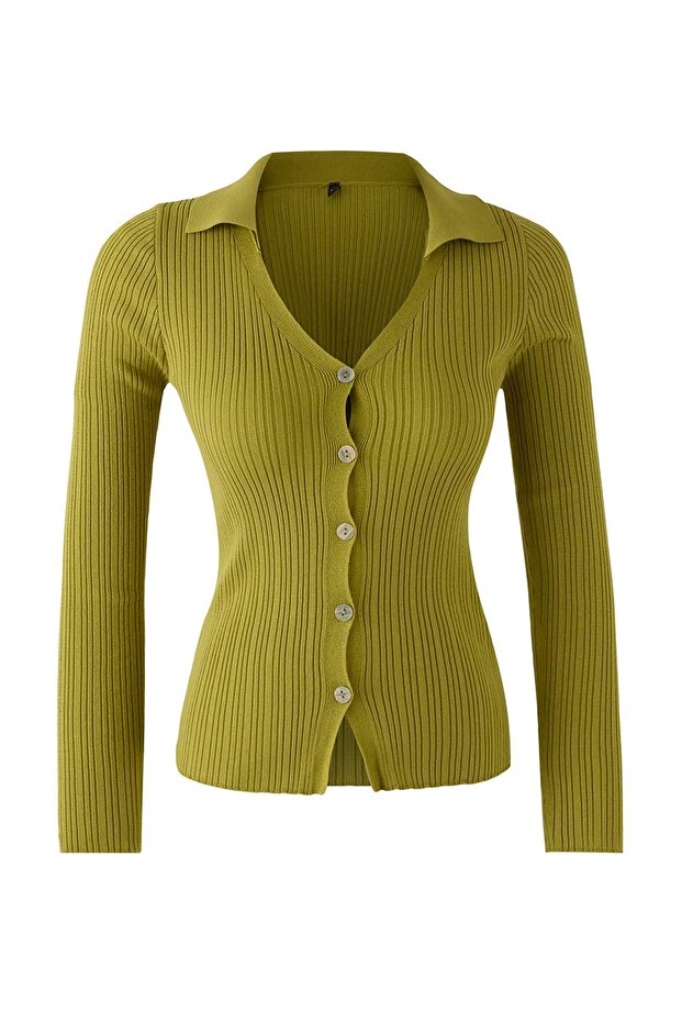 Wardrobe Essentials Yağ Yeşili Fitted/Vücuda Oturan Merserize Görünümlü Triko Hırka TWOAW26HI00113 - 5