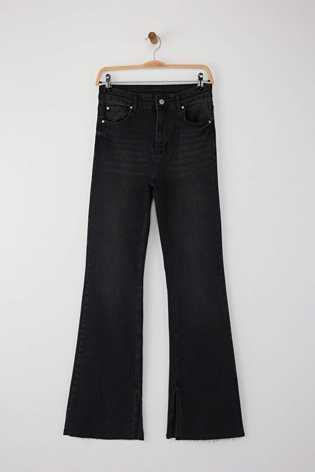 Siyah Yırtmaç Paça Detaylı Yüksek Bel Orta Esnek Flare Smoke İspanyol Paça Jeans TWOAW26JE00022 - 5