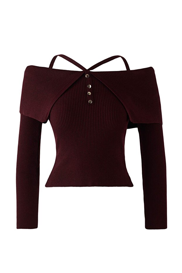 Bordo Premium İplik/Özel İplik Carmen Boyundan Askılı Triko Kazak TWOAW26KZ00076 - 5