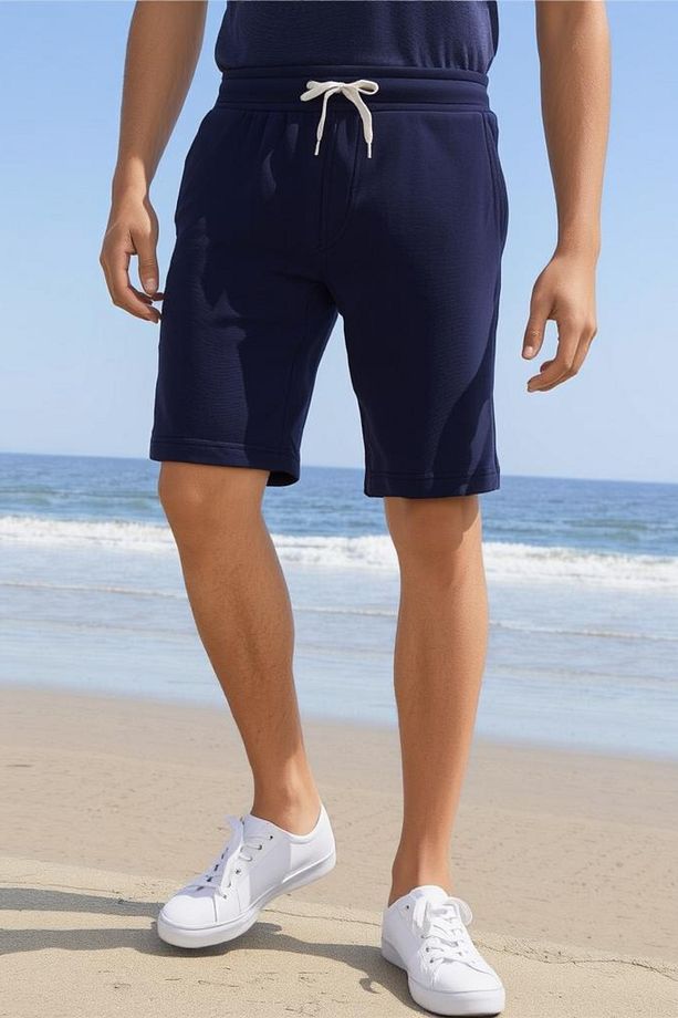 Pamuklu Erkek Lacivert Casual Şort 2 Iplik Yan Cep Bağcıklı Regular Fit Boru Paça Günlük Bermuda - 1