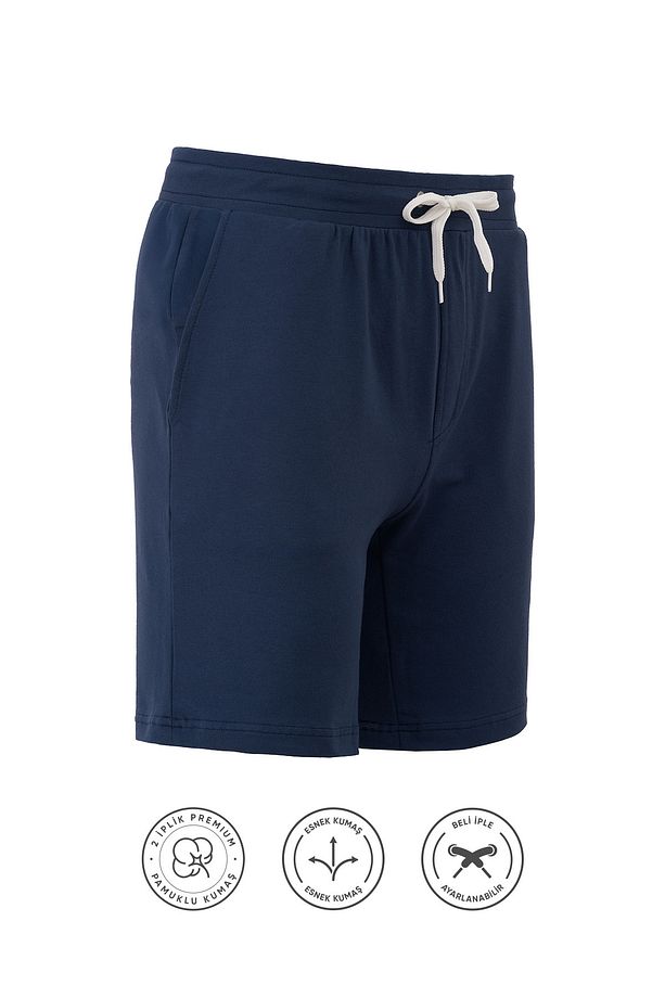 Pamuklu Erkek Indigo Casual Şort 2 Iplik Yan Cepli Bağcıklı Regular Fit Boru Paça Günlük Bermuda - 3