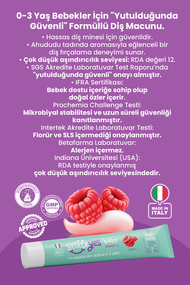 Smileyes Baby Fluoride-Free Swallowable Baby Toothpaste 0-3 Years Raspberry Flavor 30 ml - 3