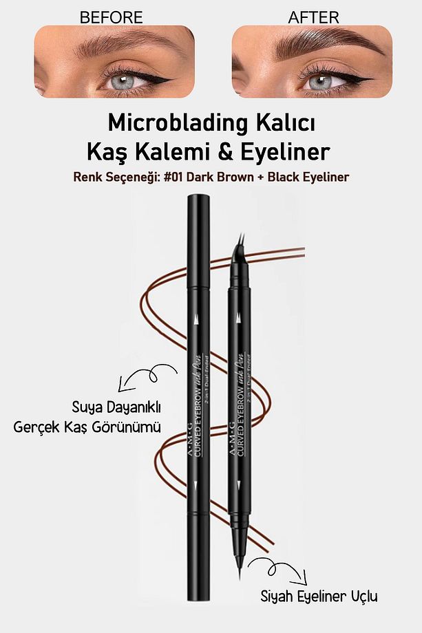 Suya Dayanıklı Çatal Uçlu Kaş Kalemi – 2’si 1 Arada Krem Microblading Etkili Eyeliner & Kaş Kalemi - 1