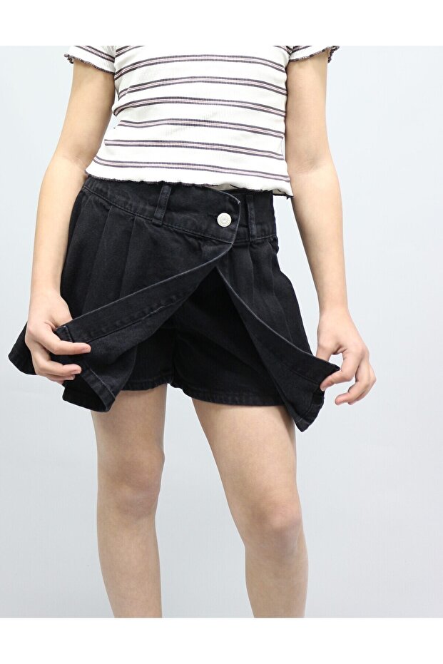 SİYAH DENİM PİLELİ ŞORT ETEK - 3