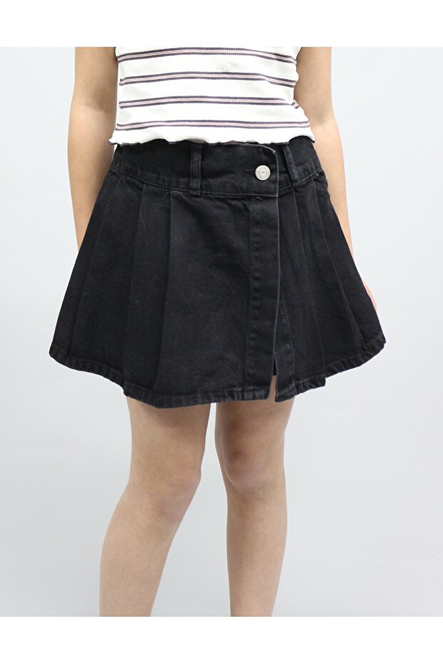 SİYAH DENİM PİLELİ ŞORT ETEK - 1