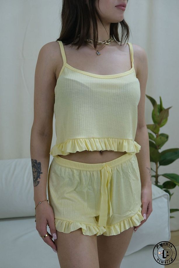 SARI ŞORTLU ASKILI CROP KADIN PİJAMA TAKIMI - 1