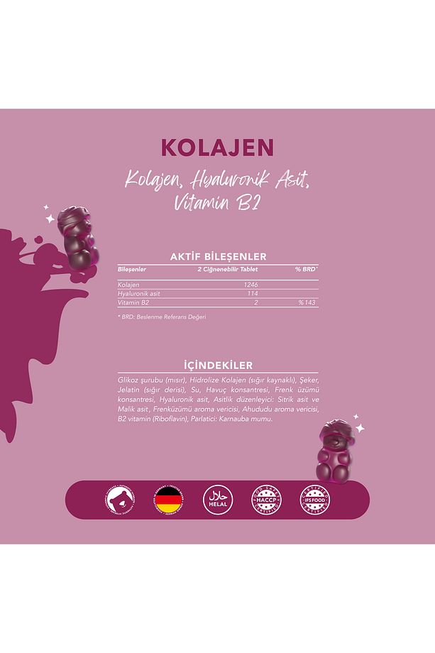 Çiğnenebilir Kolajen, Tip 1, Tip 3, Hyaluronik Asit, Vitamin B2, 60 adet, 30 günlük - 6
