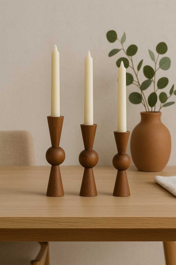 Doğal Ahşap cevizŞamdan Seti 17.5cm & 15cm & 12.5 , El Yapımı, Rustik Dekoratif 3'lü Mumluk Modern - 6
