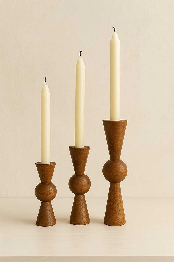 Doğal Ahşap cevizŞamdan Seti 17.5cm & 15cm & 12.5 , El Yapımı, Rustik Dekoratif 3'lü Mumluk Modern - 3