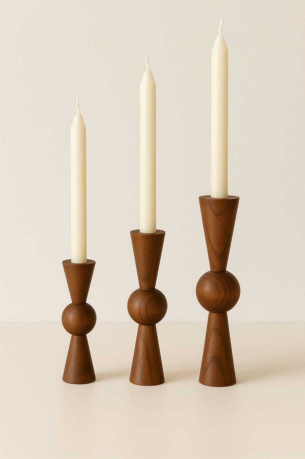 Doğal Ahşap cevizŞamdan Seti 17.5cm & 15cm & 12.5 , El Yapımı, Rustik Dekoratif 3'lü Mumluk Modern - 2