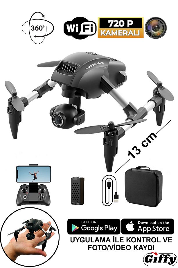 Oyuncak Mini Kameralı Başlangıç Drone Uzaktan Kumandalı Uygulama Kontrollü 720p Takla Atan Drone - 1