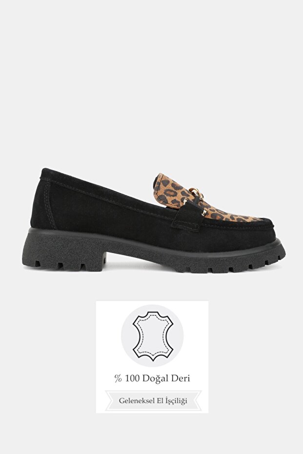 Women's Black Suede Genuine Leather 36-41 Number Leopard Patterned Buckle Loafer Shoes
