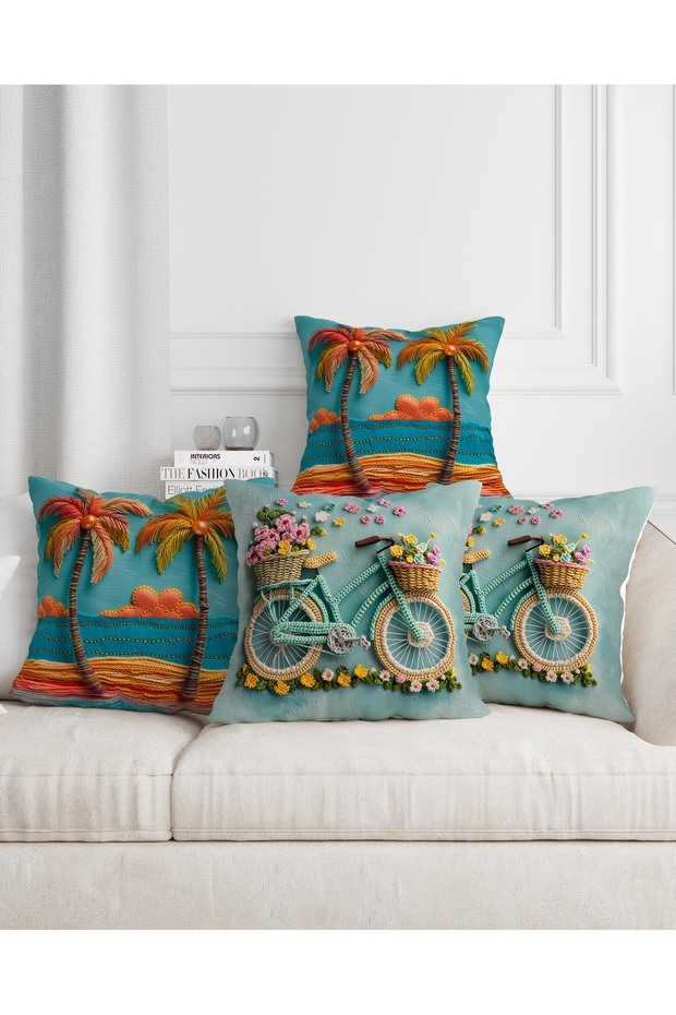 Bohemian Boho Themed Blue Cream Color Digital Printed Gift Set of 4 Throw Pillow Pillowcases