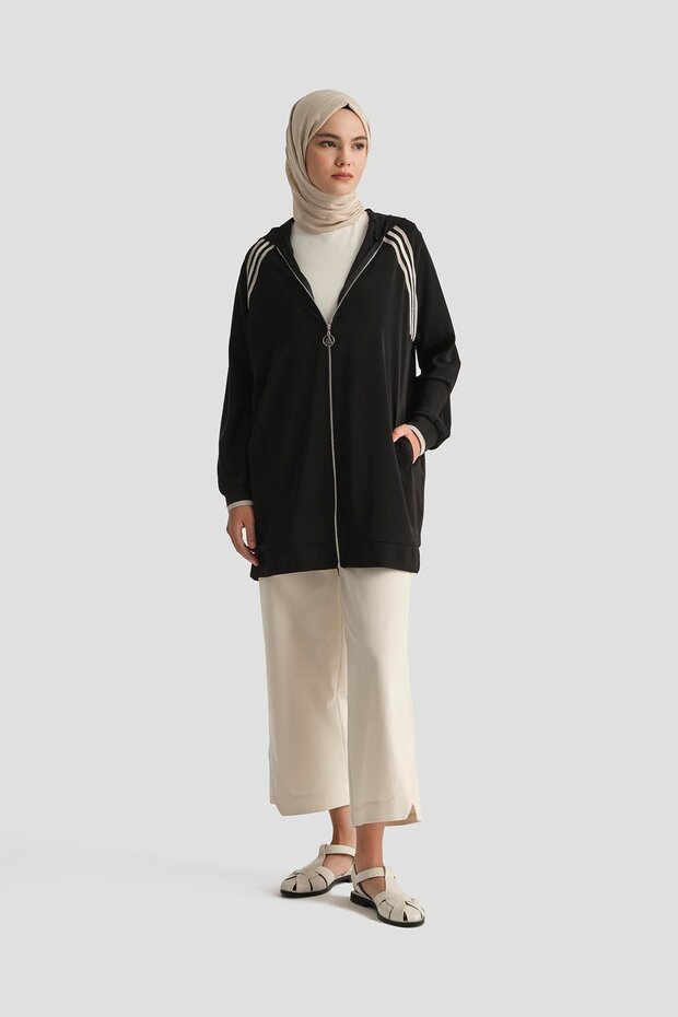 TREND Boydan Fermuarlı Kapüşonlu Tunik-Siyah 25YT409 - 1