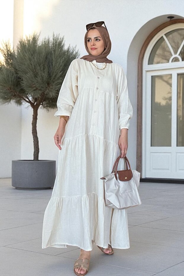 Buttoned Robe Cut 4 Layer Muslin Dress – 100% Cotton Summer Model (Size 36-52) Beige