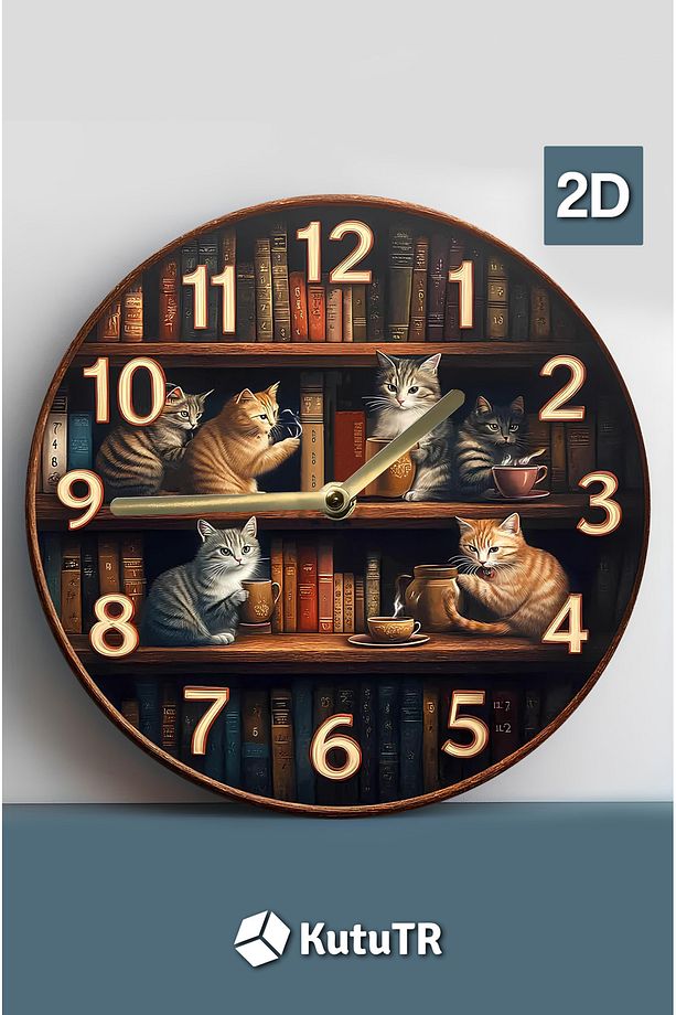 Sessiz Yuvarlak Ahşap Duvar Saati, Kuvars Hareketli 2d Kedi Desen Sdw018 - 3