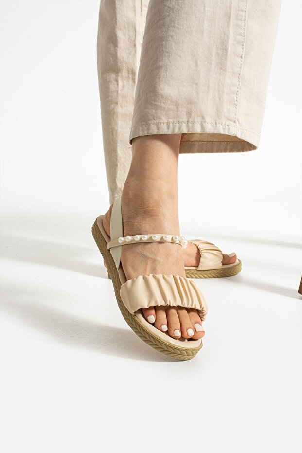 Bej İncili Lastikli Sandalet - 7