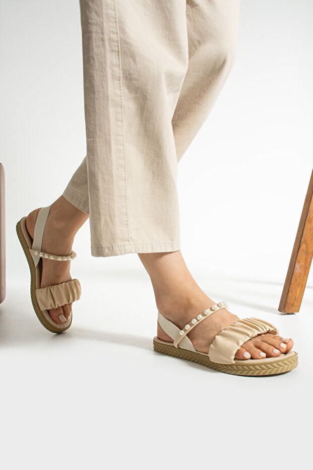 Bej İncili Lastikli Sandalet - 6