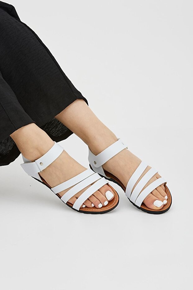 White Flat Adjustable Velcro Sandals - 2