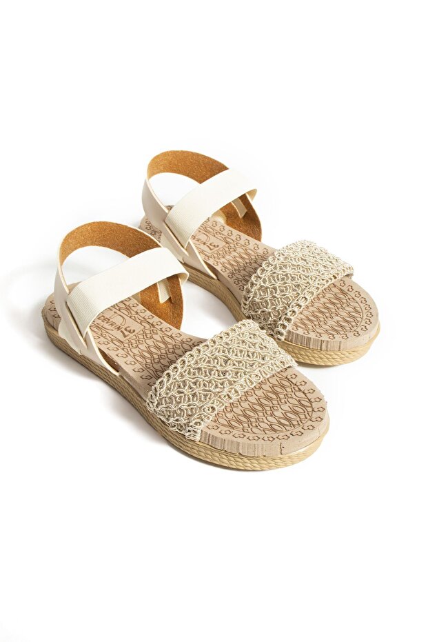 Bej Hasır Örgü Lastikli Sandalet - 8