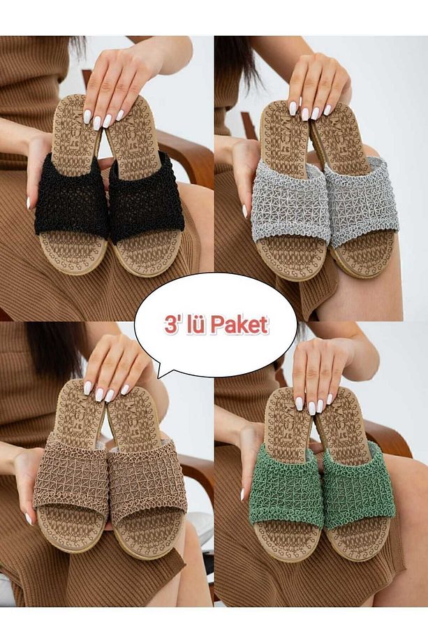 3'lü Paket Önü Açık Hasır Örgü Dış Mekan Ve Ev Terliği Çeyiz Bohça Seti - 3