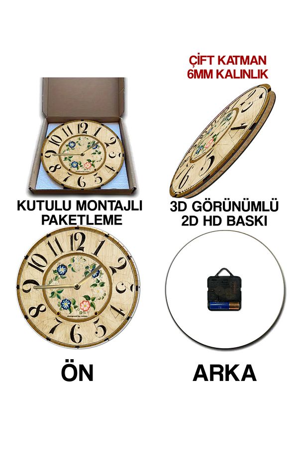 Sessiz Yuvarlak Ahşap Duvar Saati, Kuvars Hareketli Elif Vav Sdw040 - 6