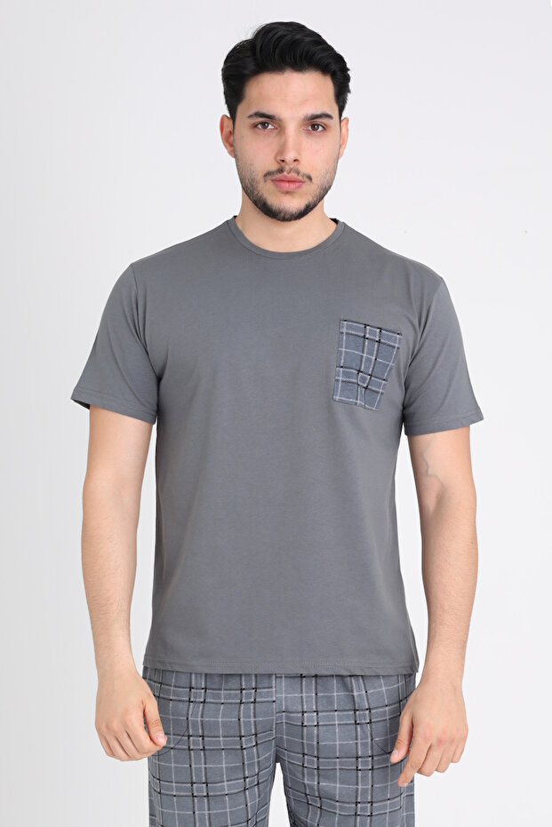Leeds Wrist 100% Cotton Men's Short Sleeve Plaid Gray Pajama Set