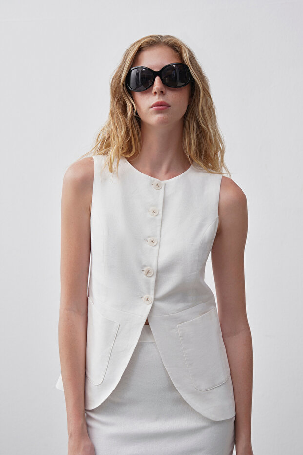 Kadın Beyaz Cep Detaylı Keten Yelek - 2