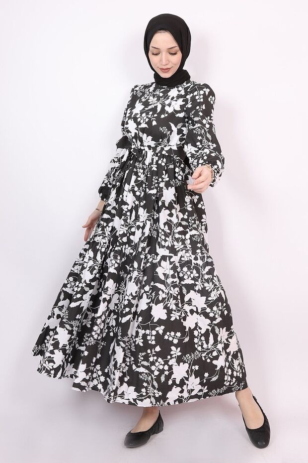 White Floral Flared Hijab Summer Dress