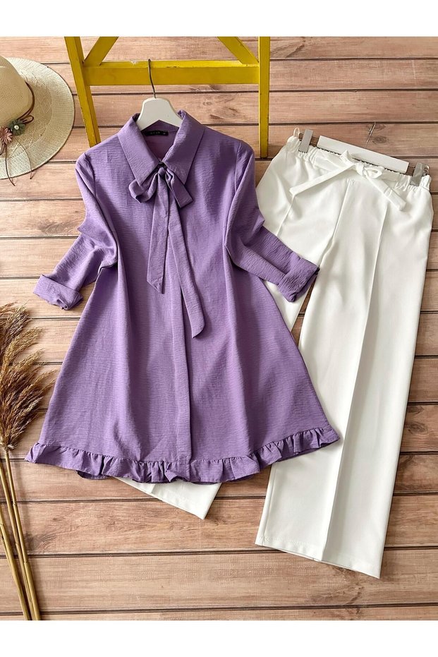 Women's Purple Ribbon Ruffle Detailed Tunic & White High Waist Trousers Set – Hijab Double Combination