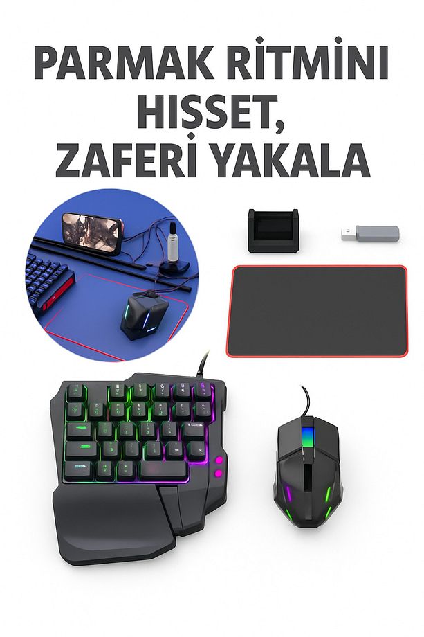 Ergonomik Tek El RGB Gaming Klavye & Mouse Seti – Şarj İstasyonlu + Mousepad Hedyeli - 1