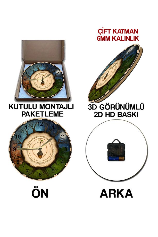 🌳 Meşe Palamudu & Dört Mevsim Temalı 3D Görünümlü MDF Duvar Saati – 33 cm sdw314 - 7