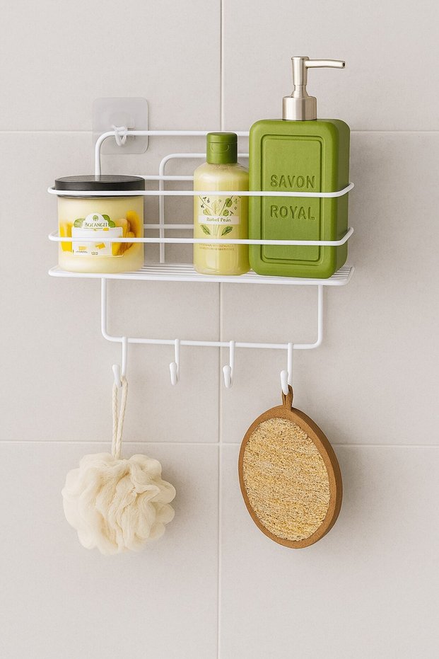 White Adhesive Bathroom Shower Shelf Shampoo Holder with 4 Hooks, Durable, Stylish Organizer - Tş-01